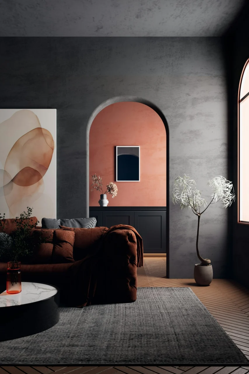 Modern living room with arched doorway and abstract art