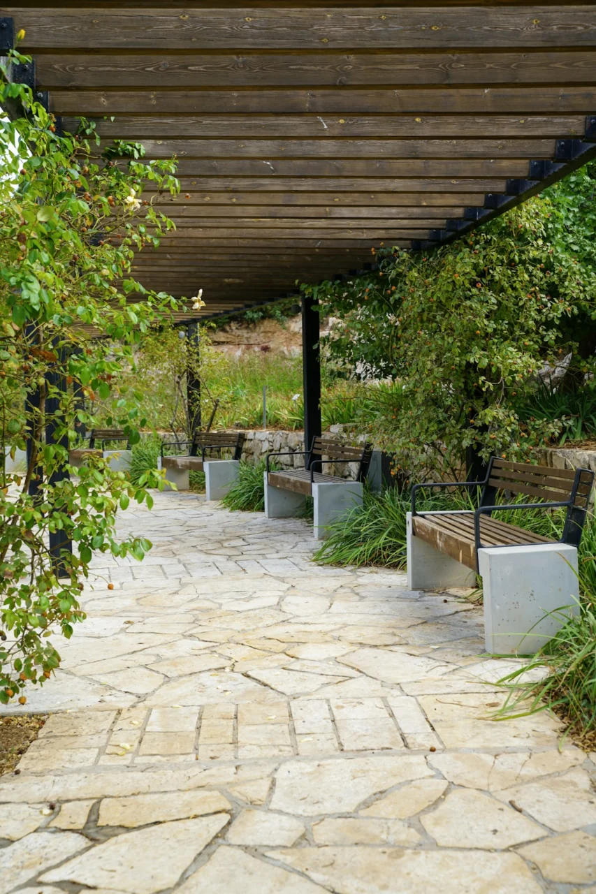Stone pathway under a wooden pergola with benches