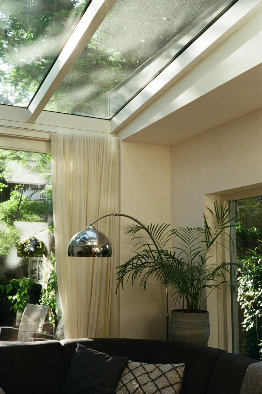Sunlight streams into a bright, airy living space