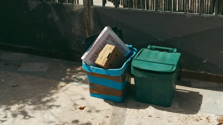 Two bins, one blue and one green, filled with trash