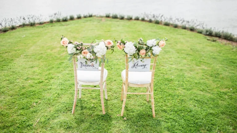 two decorative chairs on grass field near body of water