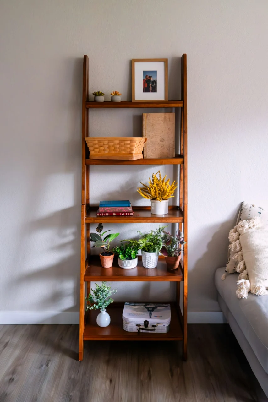 Wooden ladder shelf filled with plants and decor