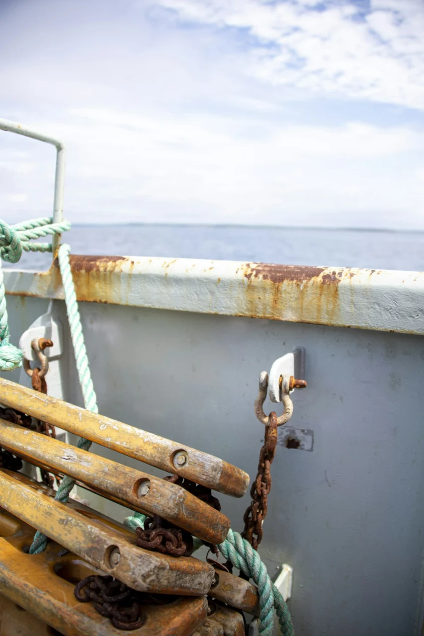 Wooden oars and ropes on a boat deck