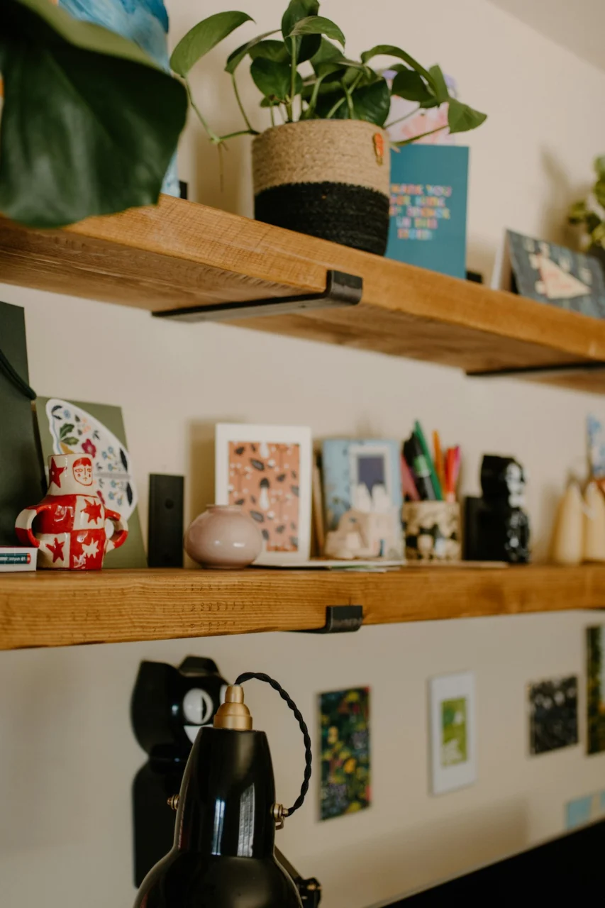 Wooden shelves filled with plants and decor